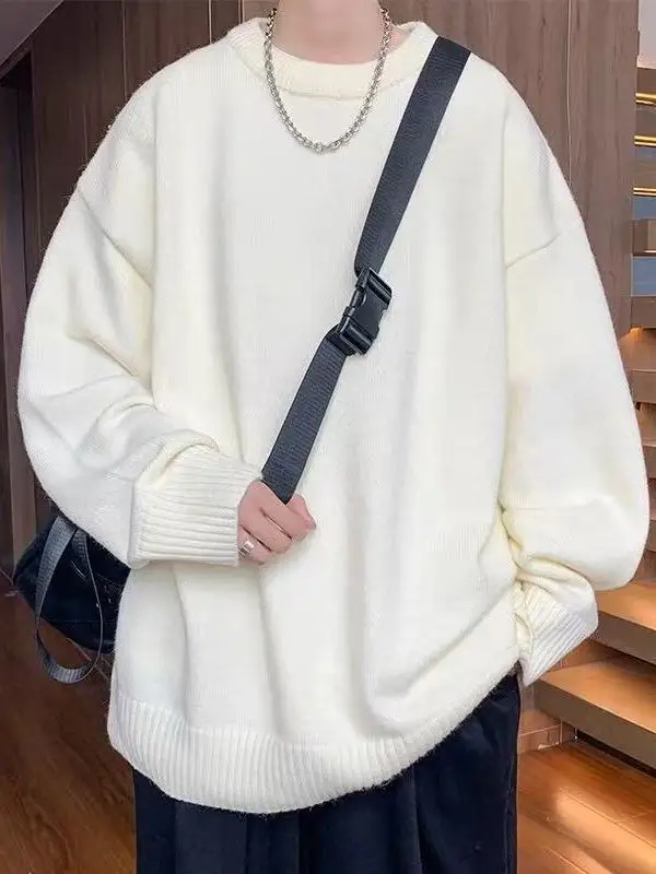 

Белый мужской вязаный свитер на зиму, свободный, удобный, однотонный, из мягкого полиэстера, повседневный, с длинными рукавами