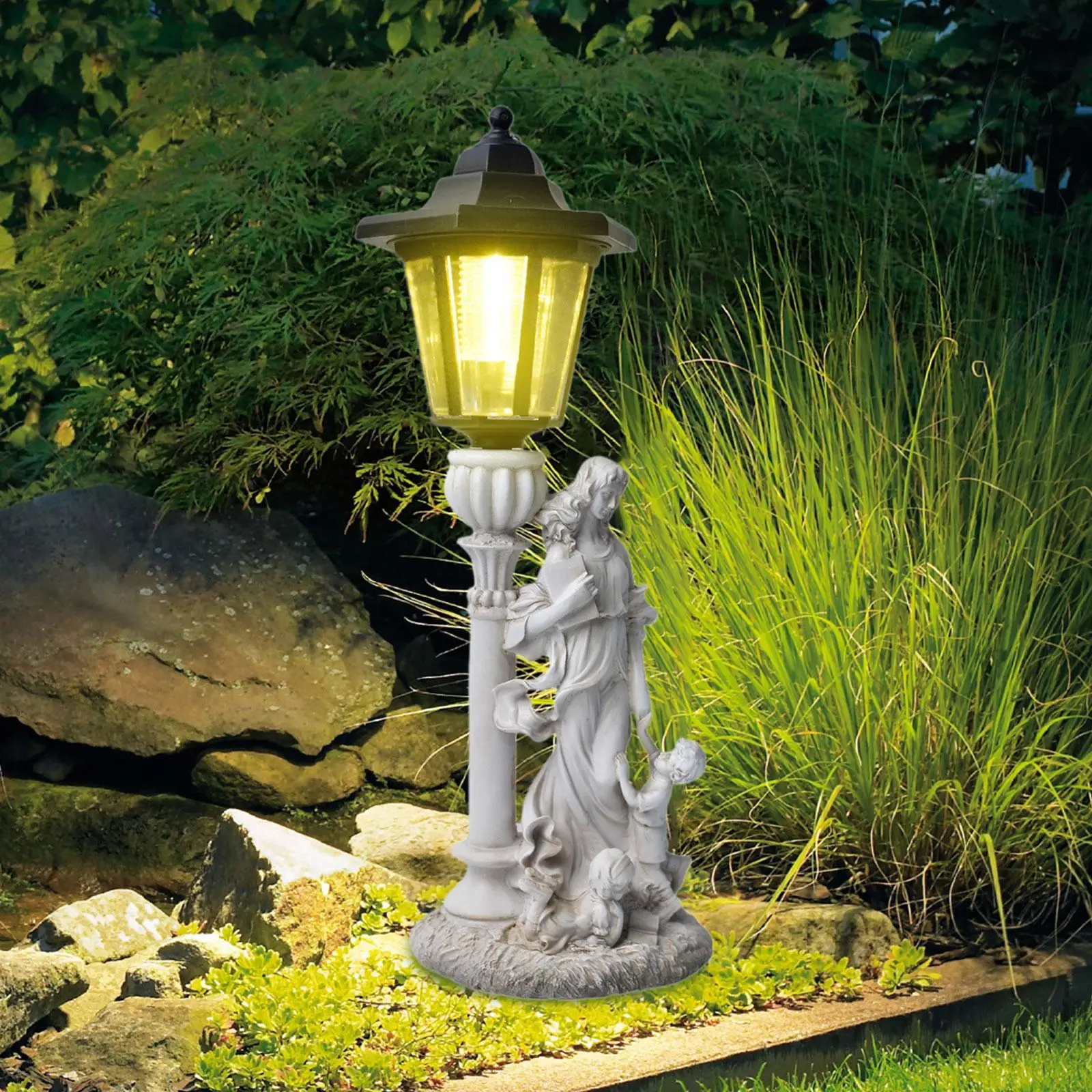 

Garden Mom and Children Statue Lawn Ornament with Solar Lantern Home Decor Yard Art Sculpture for Porch Walkway Courtyard