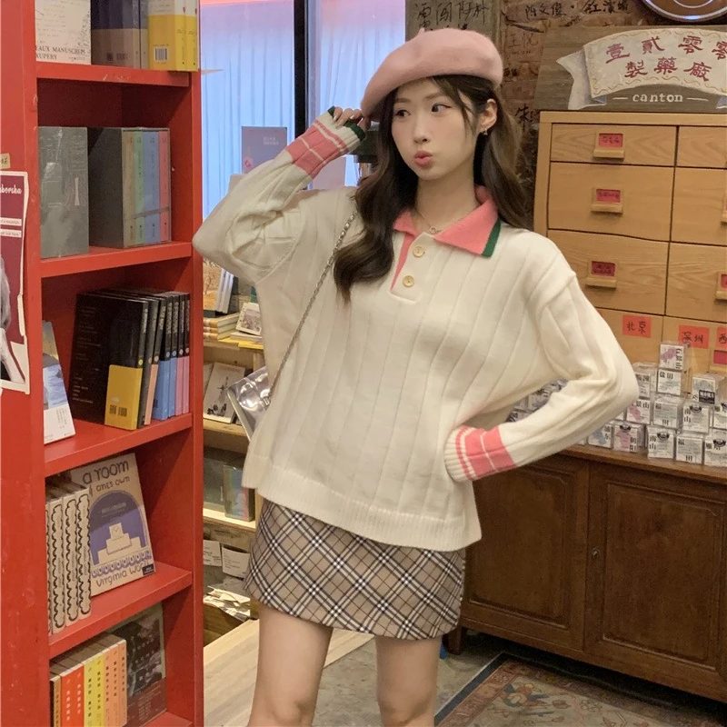 Sweet Color Collision Pullovers Women Long Sleeve Polo-neck Autumn and Winter New Japanese Style Short Knitted Sweaters Female