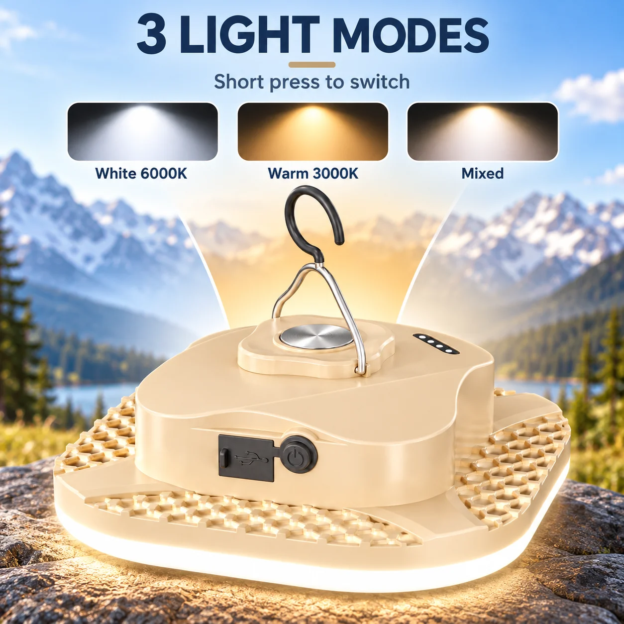 Rechargeable LED Camping Lantern Magnetic Tent Light with Hook 3 Light Modes Stepless Dimming IPX5 Splash Resistant USB Output