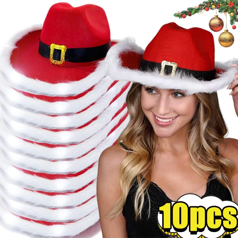10pcs Fashion Santa Claus Dress Up Hat Christmas Red Luminous Cowboy Hat Cosplay Festival Party Stage Performance Atmosphere
