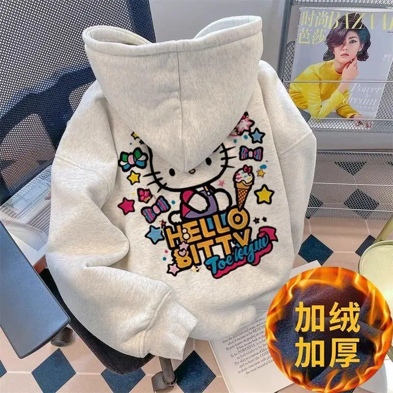 

Женская толстовка Sanrio Hello Kitty из плюшевого флиса, милый повседневный стиль, осенне-зимний свободный крой, модный топ