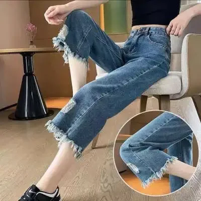 New 2024 Spring-summer Thin Jeans Women's High-waisted Loose Fit Petite Fringed Straight-leg Bell Bottoms