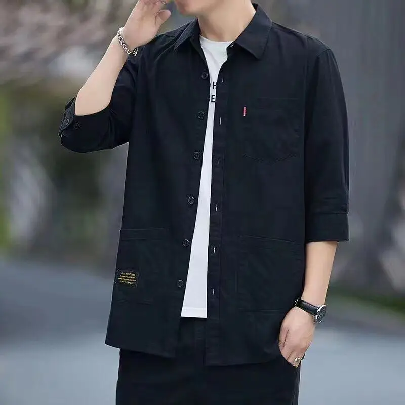 Men's Short Sleeve Shirt Loose Fit Casual Thin Autumn Fashion Citywalk PU Leather Button up Regular Length Pure Color Inner Wear