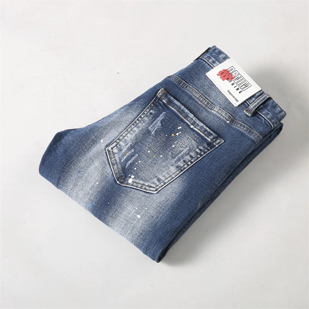 Fashion Vintage Men Jeans Retro Blue Elastic Skinny Fit Hole Ripped Jeans Men Painted Designer Hip Hop Denim Pencil Pants Hombre
