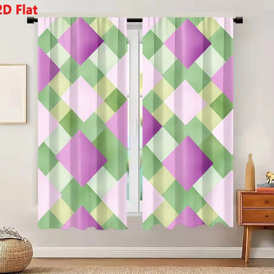 2Pcs Curtains 2D Flat Geometric Interlocking Diamond Pattern With Soft Pastel Green Lavender And Pale Pink 3D Depth Illusion Mod