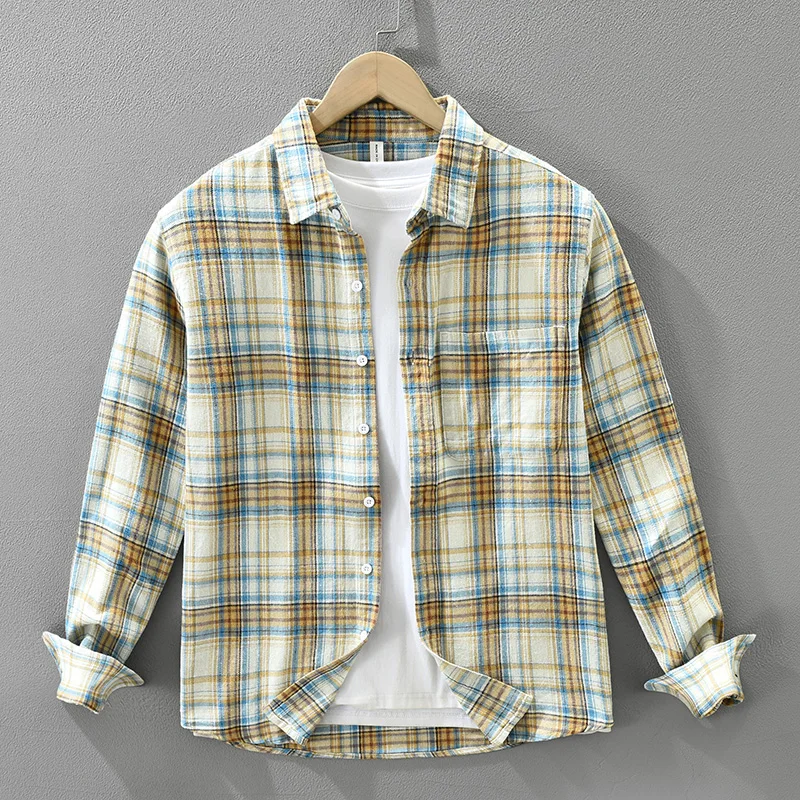 

2026 Spring Autumn New Vintage Plaid Soft 100% Cotton Long Sleeve Shirt for Men Clothing Comfort Versatile Streetwear