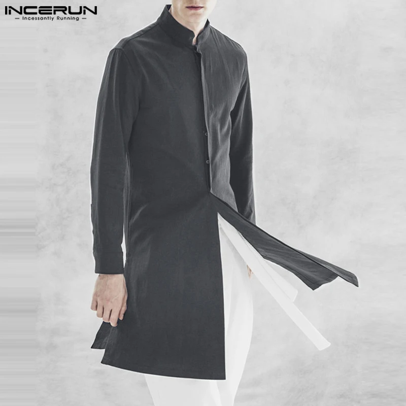 INCERUN 2023 Muslim Style New Men\'s Solid Shirts Fashionable Hot Selling Male Patchwork Standing Neck Long Sleeved Blouse S-5XL