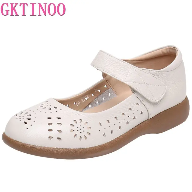 GKTINOO Genuine Leather Ladies Flats Summer Shoes Woman Plus Size Casual Loafers Hollow Round Toe Soft Comfort Sandals Female