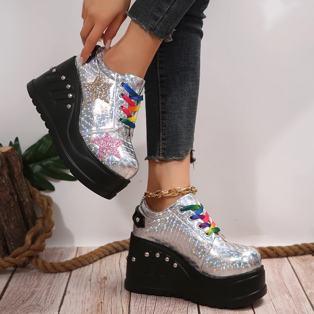 Platform Wedge Fashion Plus Size Rainbow Shoes Silver Upper Fashion Sequin Punk Women\'s Shoes Chaussure Femme