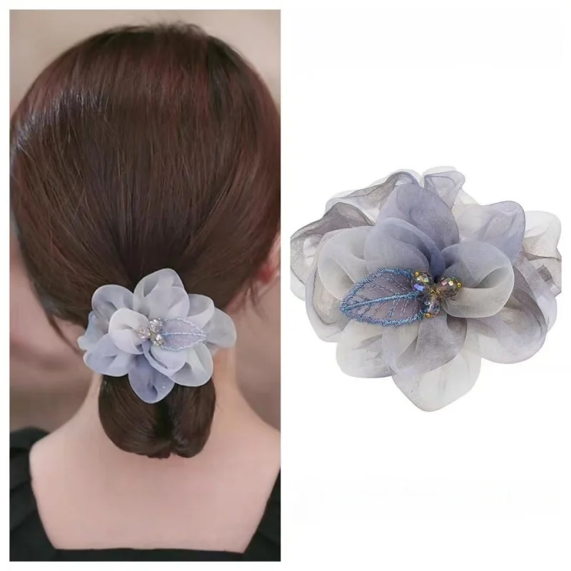 

New Organza Flower Scrunchie Women's Hair Elastic Chinese Ink Wash Dyed Gray Hair Tie резинки для волос 머리끈