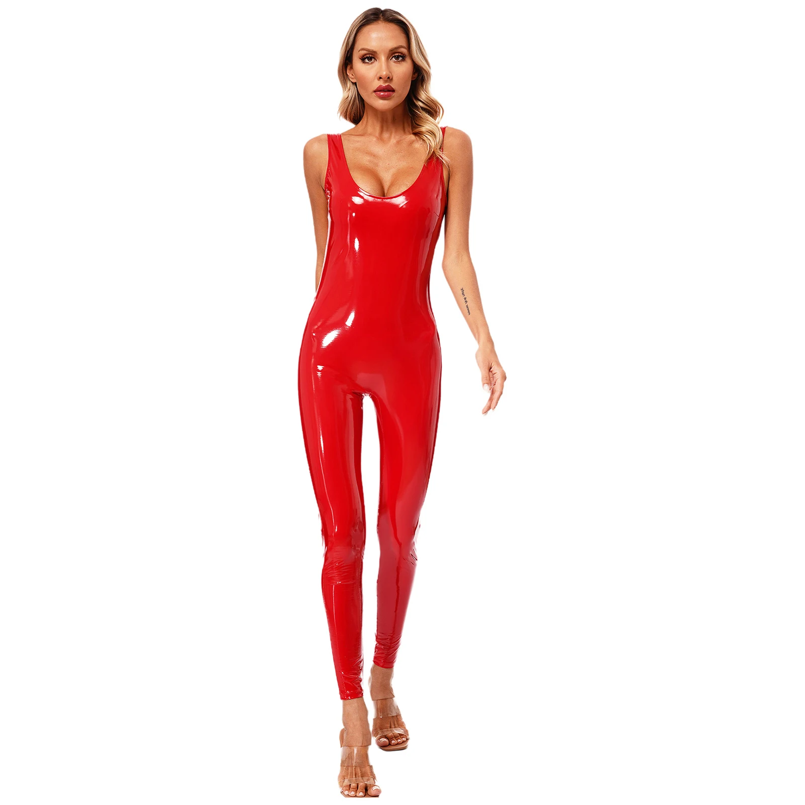 

Womens Shiny Wet Look Patent Leather Unitard Latex Rompers Sleeveless Backless Zipper Bodycon Leotard Catsuit Jumpsuit Clubwear