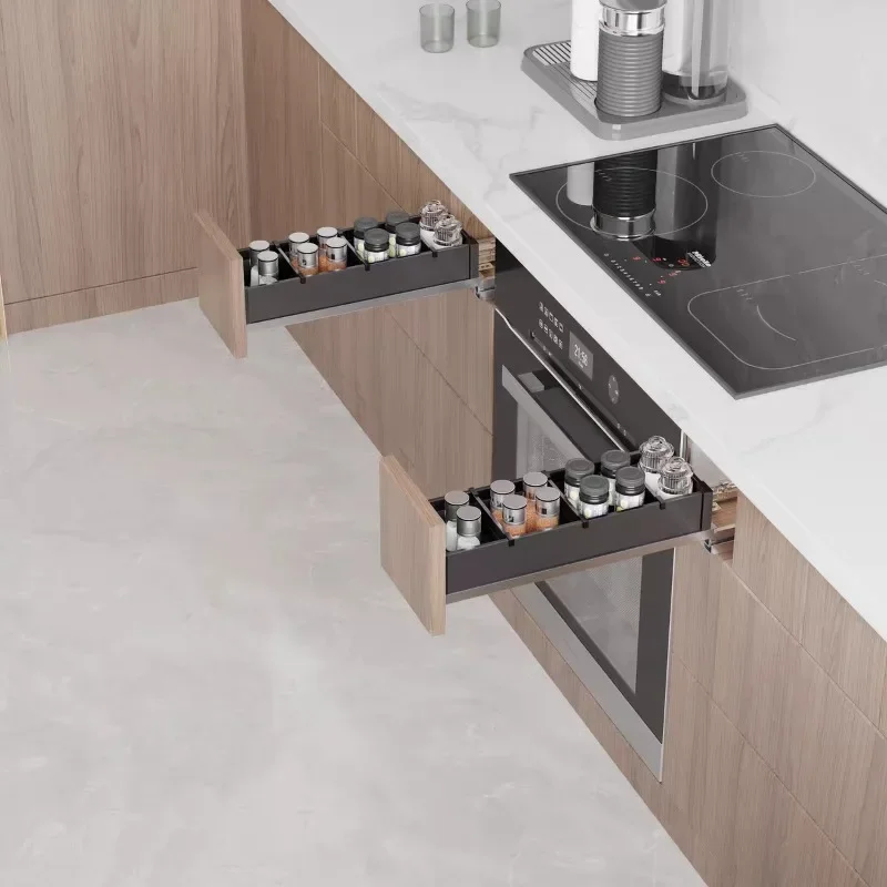 Basket three-eye stove, narrow cabinet by the stove, kitchen seasoning pumping and storage