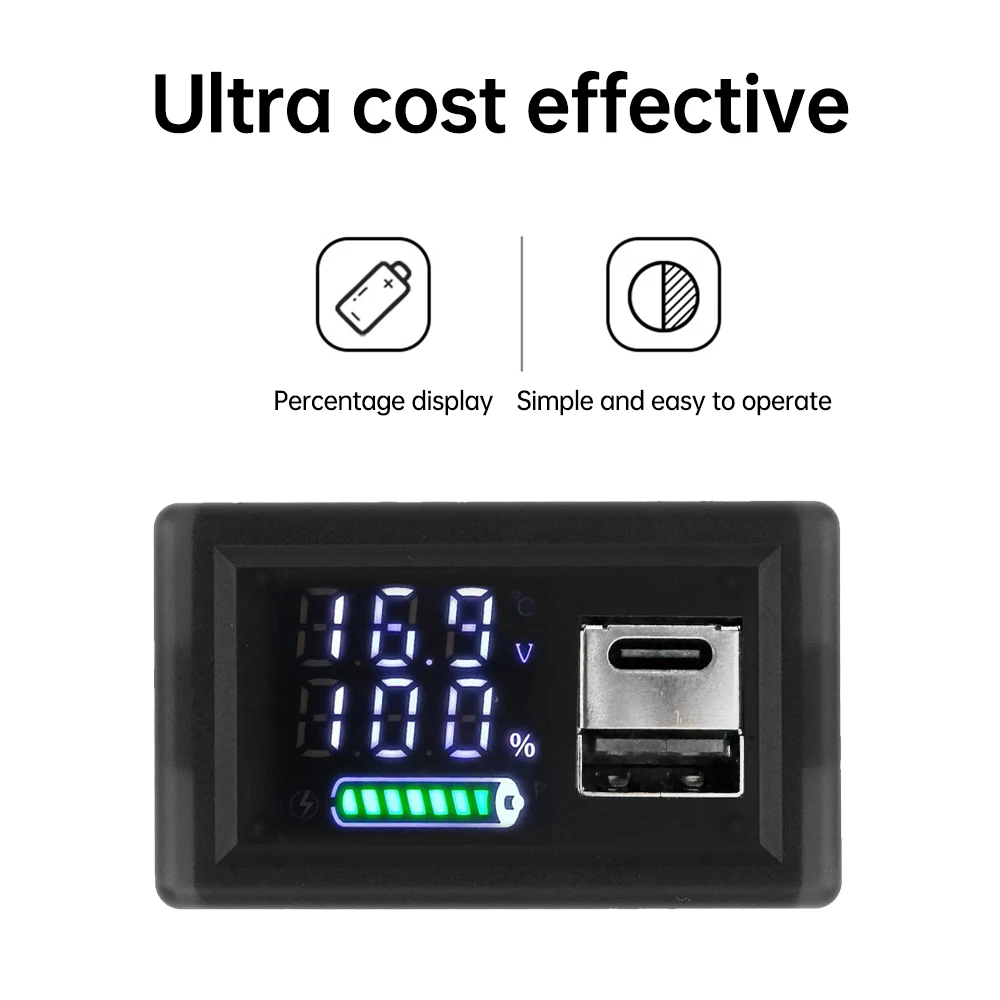 DC 9V 12V 24V Battery Charge Level Indicator Lithium Battery Capacity Meter Tester Type-C LED Display Tester Voltmeter Dual USB