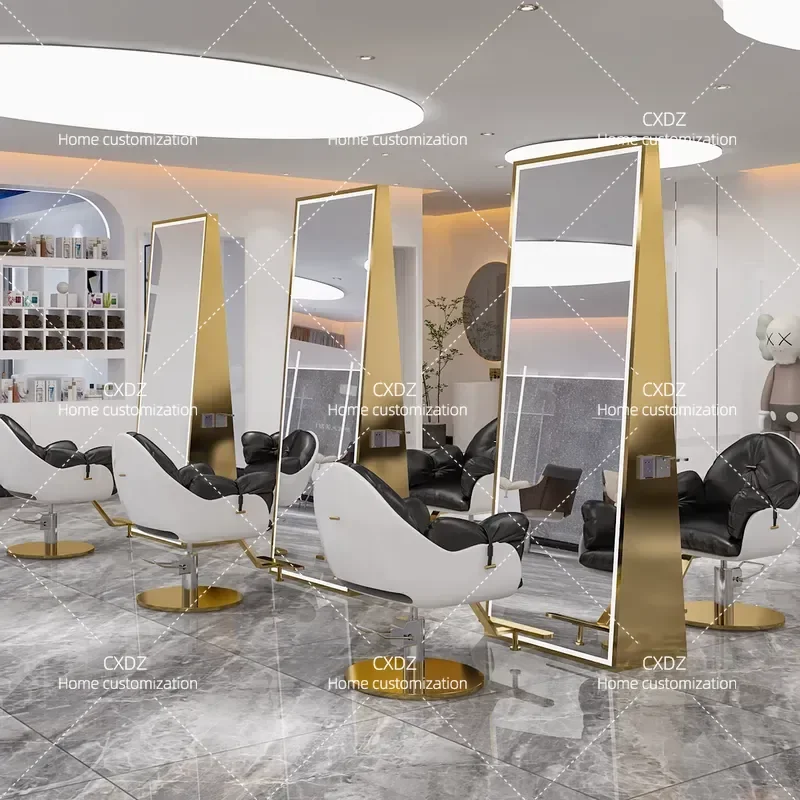 Floor to Ceiling Hairdressing Mirror with Light Double Sided Barber Shop Mirror Table for Hair Salon Cutting Station Trendy