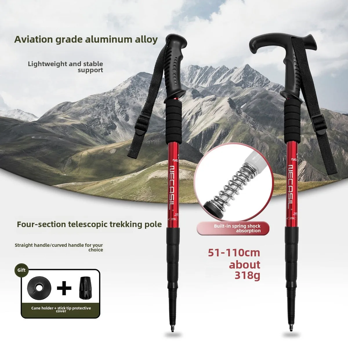 Aluminum Alloy Curved Handle Hiking Poles Curved Handle Crutches Hiking Poles Walking Stick Inner Lock Telescopic Type