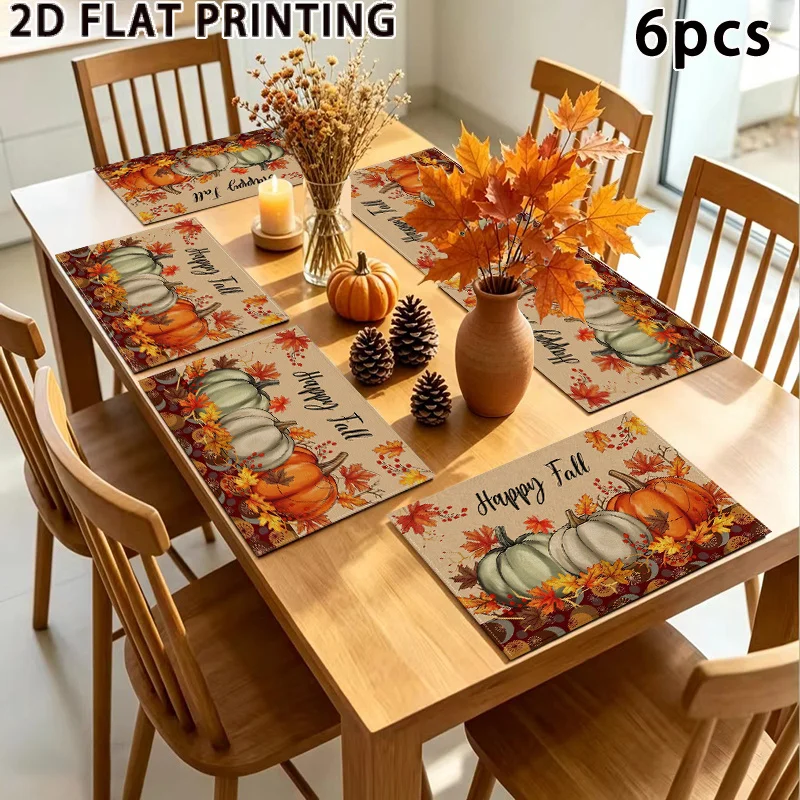 VIKAMA Fall Placemats Set of 4 Beige Pumpkin Maple Leaf Autumn Dinner Mats Thanksgiving Decor Heat Resistant Washable