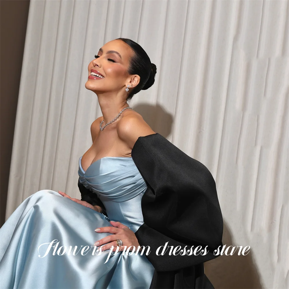 Flowers Light Blue Prom Dresses with Black Oversized Bow Celebrity Dress Sweetheart Evening Dress Wedding Party Dress Customized