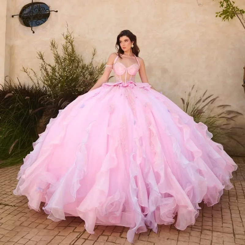 

Розовое платье Quinceanera, кружевное многослойное платье с кристаллами и блестками, длинный хвост, платья de 15, Quinceanera ﻿ Индивидуальный