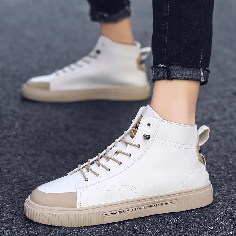 Leather High Top Shoes for Men Casual Shoes Spring Autumn Fashion Splicing Lace Up Vulcanized Shoes Skate Male Sneakers 2023 New