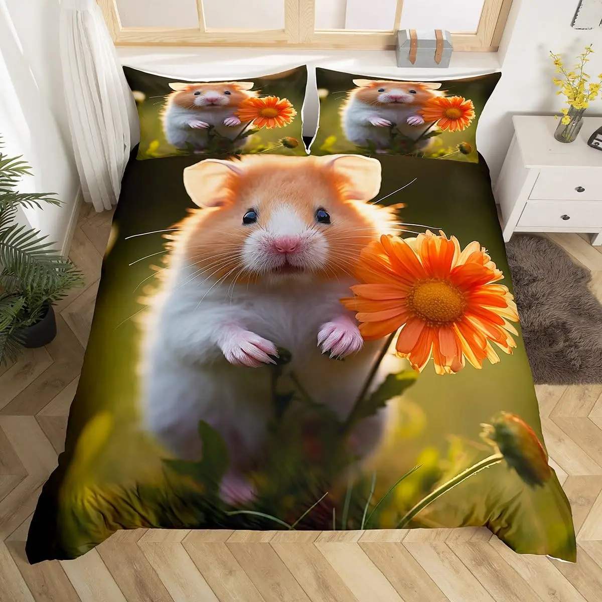 Cute Guinea Pig Duvet Cover Twin Kawaii Hamster Bedding Sets,Lovely Animal Bed Set Floral Blossom Quilt Cover with 2 Pillowcases