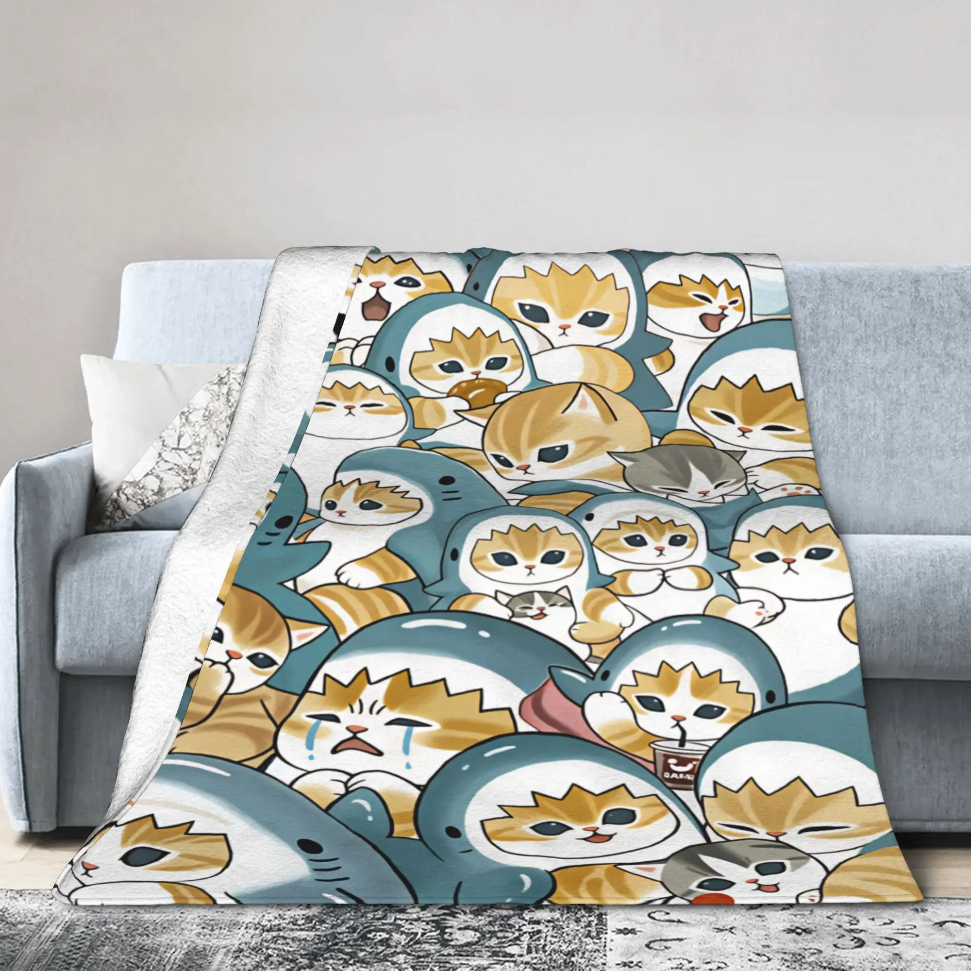 Mofusand Japanese Shark Cat  Blanket Quality Warm  Bedding Throws Winter Travel Office Outdoor Graphic Bedspread