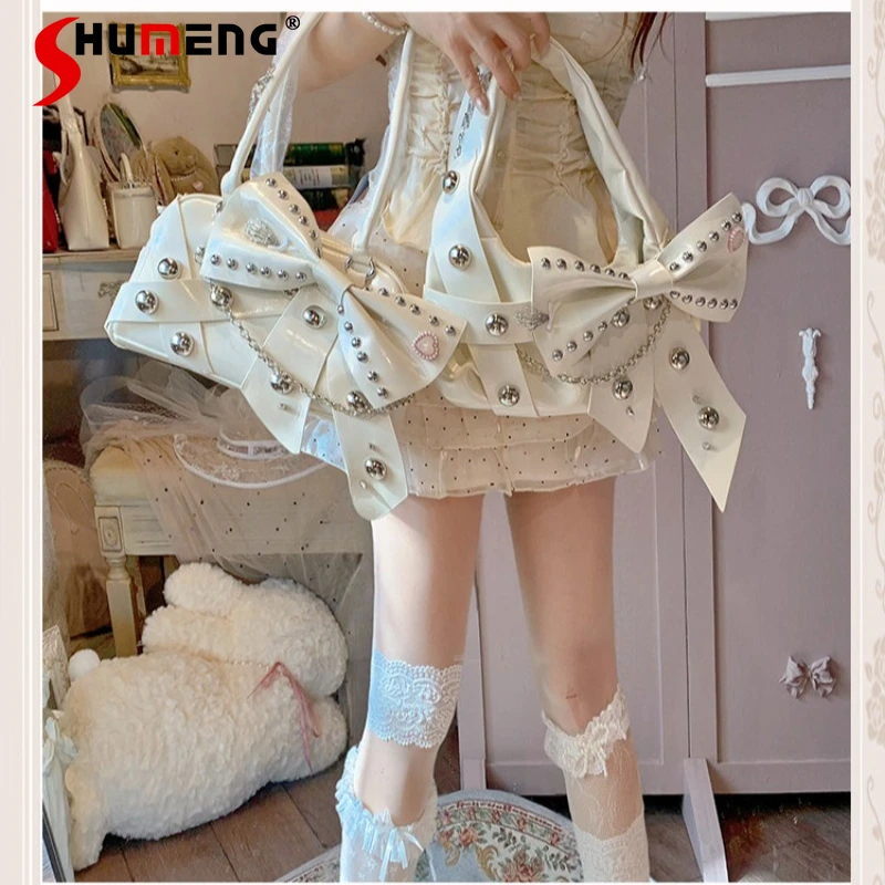

Original Y2k Bowknot Studded Shoulder Bag Colorful Punk Chain Lolita Bags Sweet Soft Girl Crossbody Handbag 3 Colors Can Choose