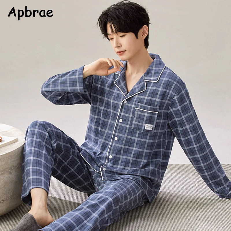 Autumn Winter Faux Cotton Pajamas for Men Plaid Pajama Long Sleeves Pants Sleepwear Male Fashion Pajamas Man Lapel Pijamas