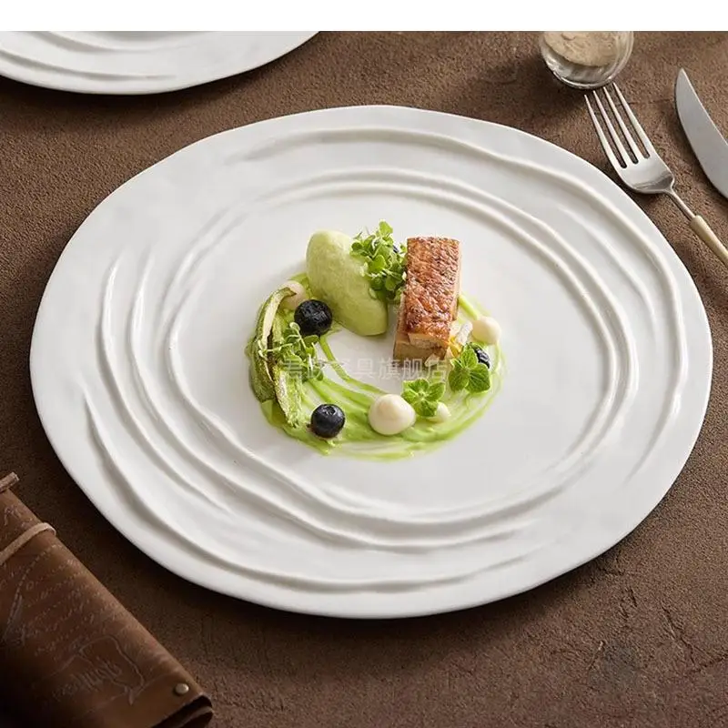 Irregular Texture Ceramic Flat Plate Steak Pasta Dessert Display Dish Molecular Cooking Specialty Tableware