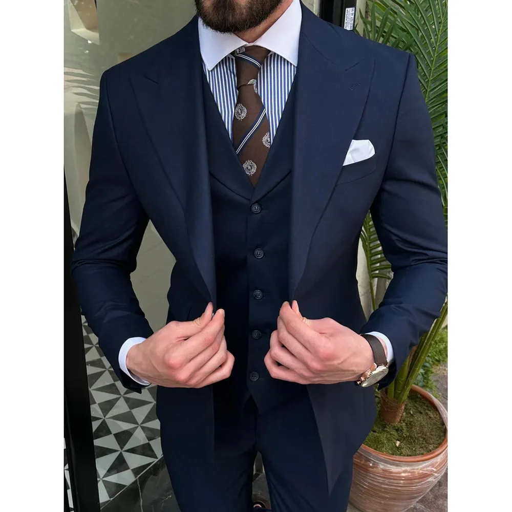 Navy Blue Men Suits Single Breasted Peak Lapel Flat Front Elegant 3 Piece Jacket Pants Vest Set Formal Occasion Slim Fit Costume