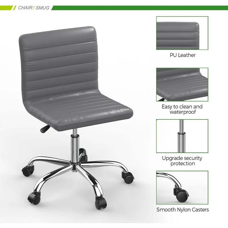 Armless Office Chair Leather Swivel Task Chair Mid Back Ribbed Home Office White Desk Chair for Adult