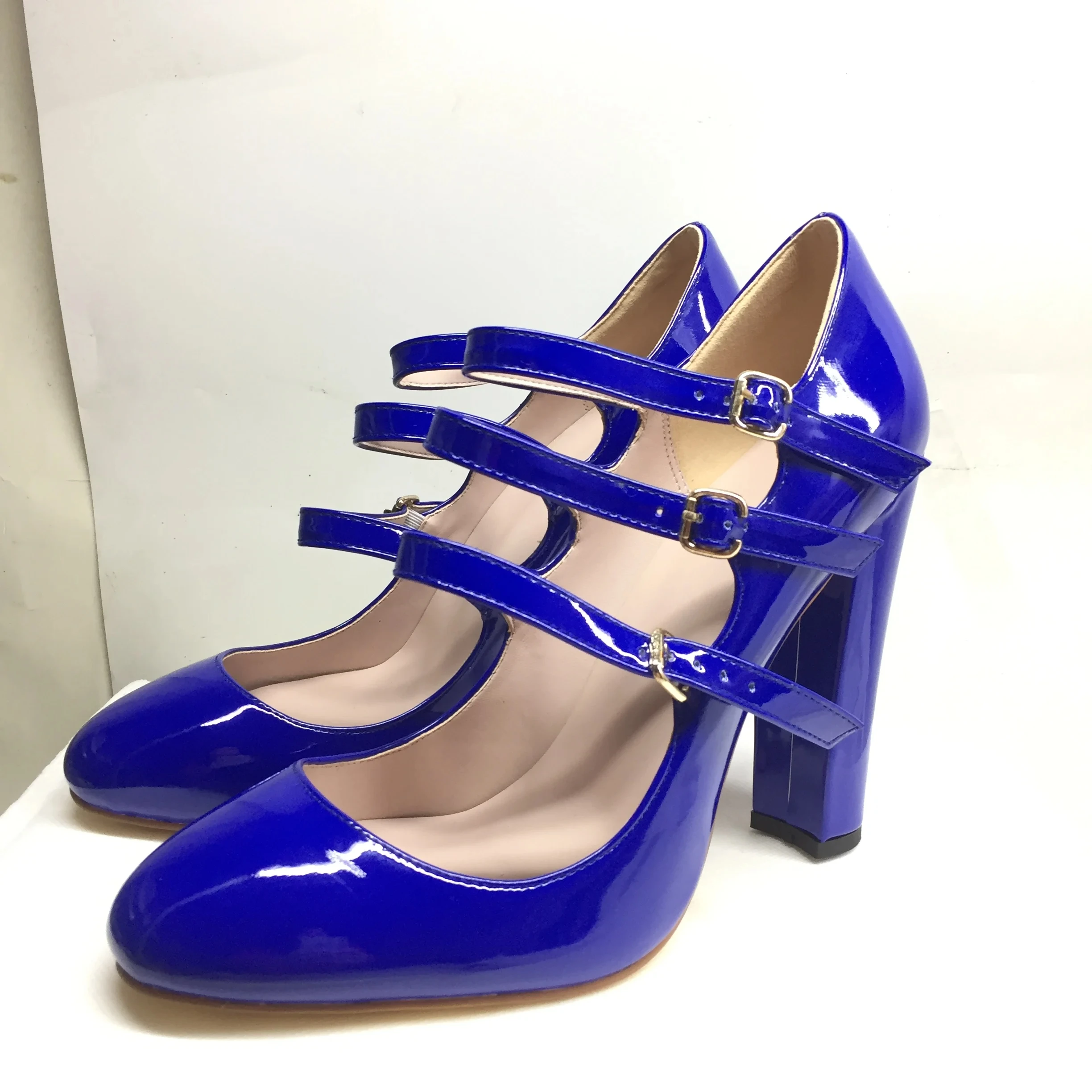 Fashion Women\'s Shoes Round Toe High Heels Pumps 3-Straps Blue Pink Patent Leather Customized Color Ladies Female Party Heels