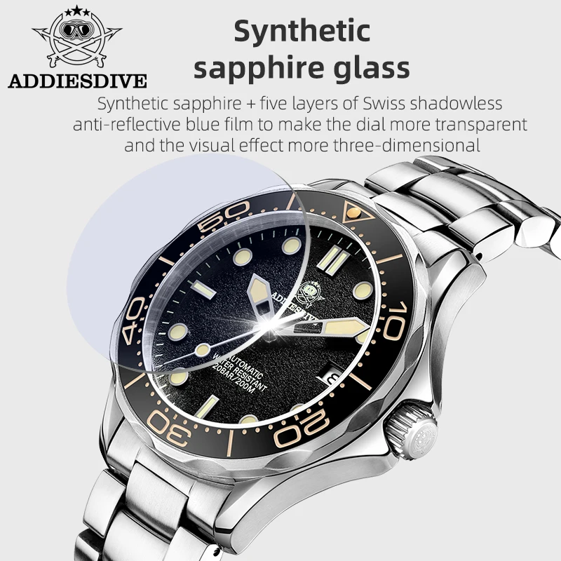 ADDIESDIVE New Men Watch Automatic Sapphire Glass NH35 Steel Ceramic Bezel Super Luminous 200meters Waterproof Mechanical Watch