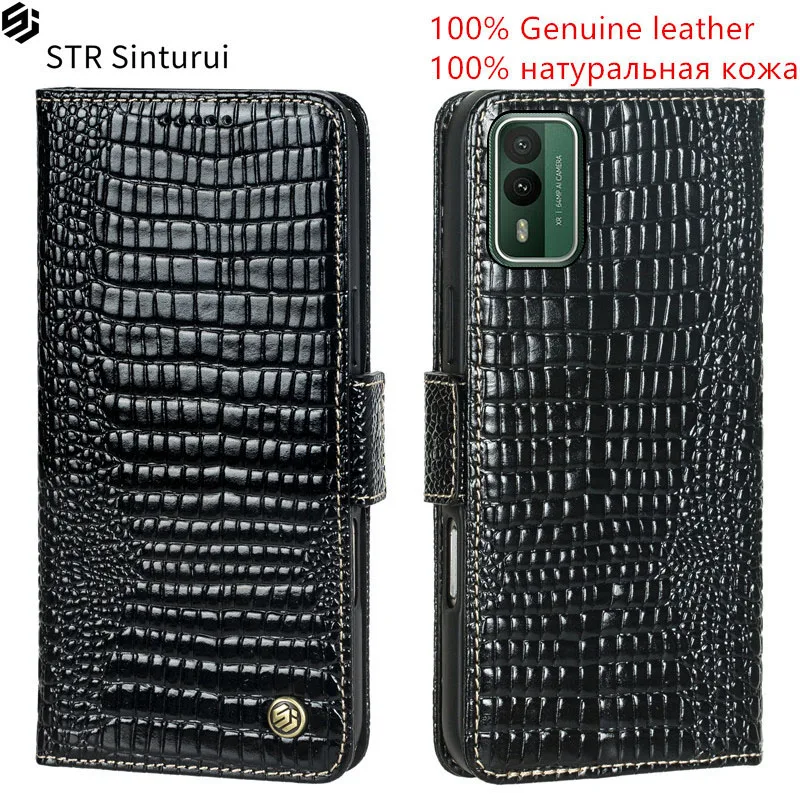 

Чехол-кошелек STR из натуральной кожи с текстурой под ящерицу для Nokia XR21 X100 X20 G400 G300 G100 G50 G60 C31 C300, флип-кейс для телефона