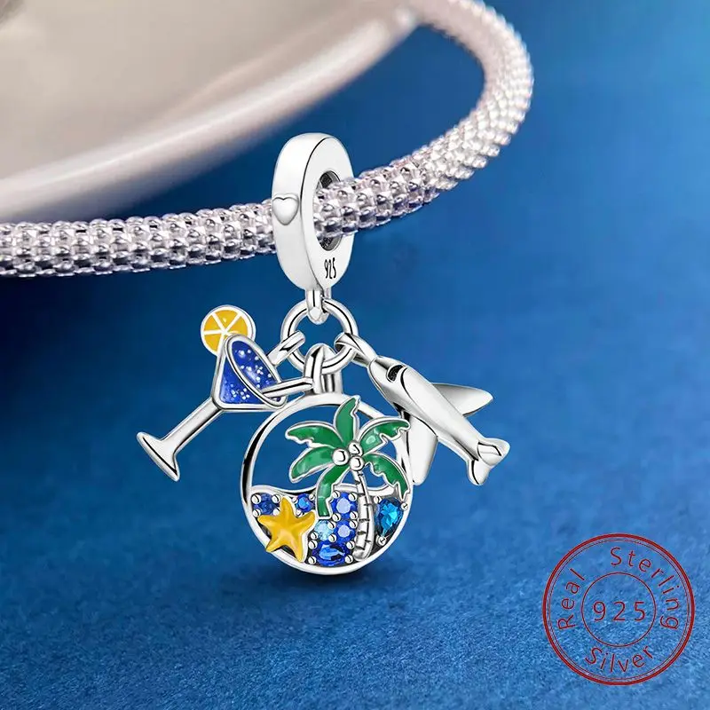 

925 Sterling Silver Ocean Coconut Tree Tennis Cocktail Charms Beads Fit Diy Bracelet Bangle Making Gift Of High Quality Jewelry