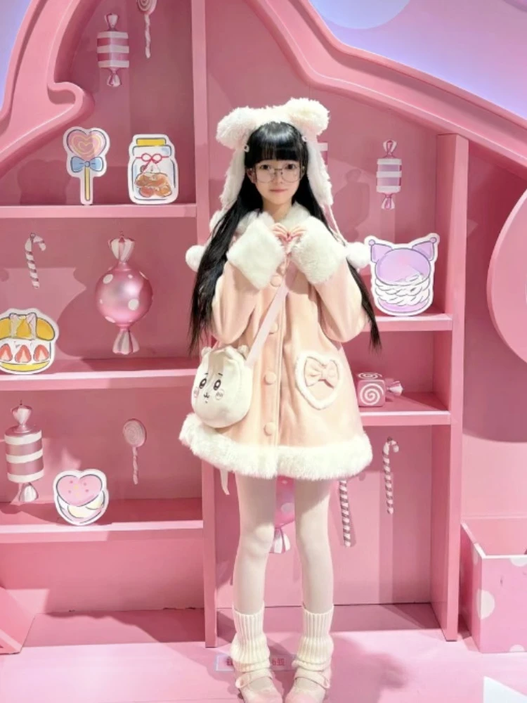 Winter Japanse Lolita losse roze wollen stoffen jas elegante zoete nieuwe lieve boog warme overjas mode kawaii bontkraag jas