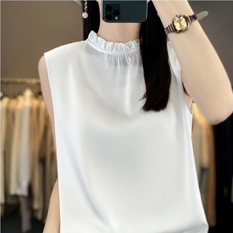 

Women Clothing Summer Fashion Korean Office Lady Simplicity Ruffles Solid Color O-neck Female Sleeveless Temperament Sleeveless