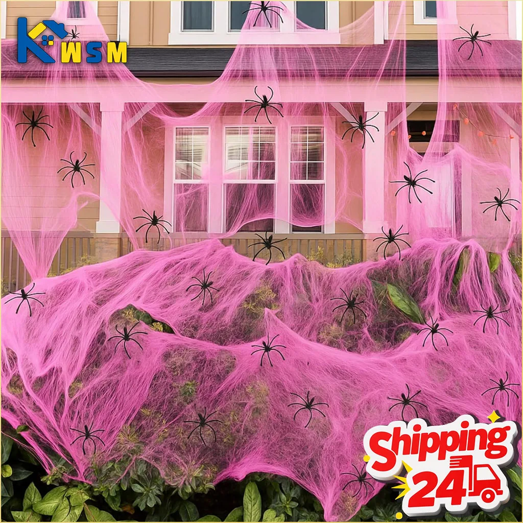 1-5Bags Pink Spider Web with Cotton Nest Decoration Creepy Realistic Horror Atmosphere Prop for Halloween Escape Room Indoor