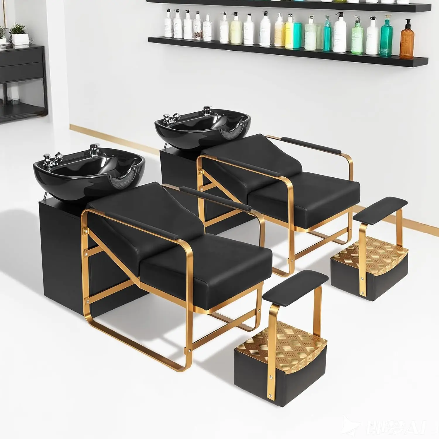 Salon Shampoo Chair with Steel Frame, UPC Bowl & Footrest, Hair Washing Station for Spa Barbershop, Black & Gold, Customized