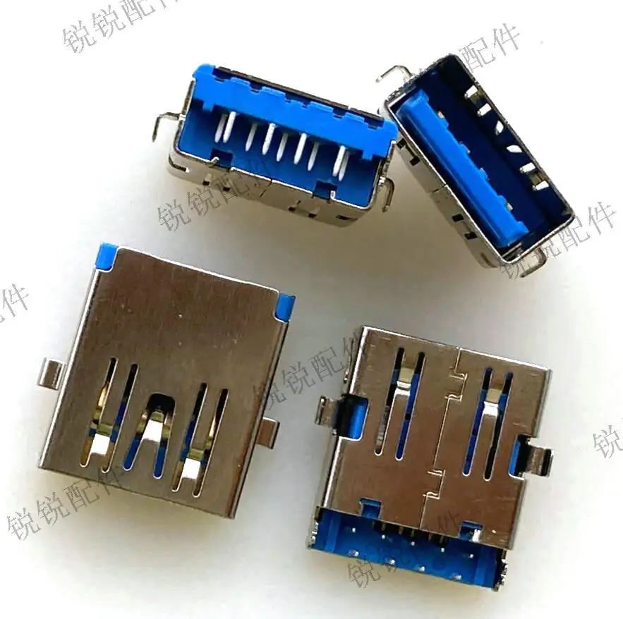 For USB connector 3.0 Type A female seat 9P sinking plate 90 degrees, blue rubber core, lower USB socket, length 1.5CM.
