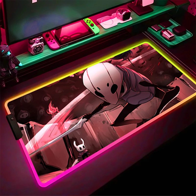 

RGB светодиодный коврик для мыши, компьютерный геймер, аксессуары для ПК, коврик для мыши, резиновый удлиненный коврик HD, нескользящий настольный коврик H-hollow Knight, коврик для клавиатуры