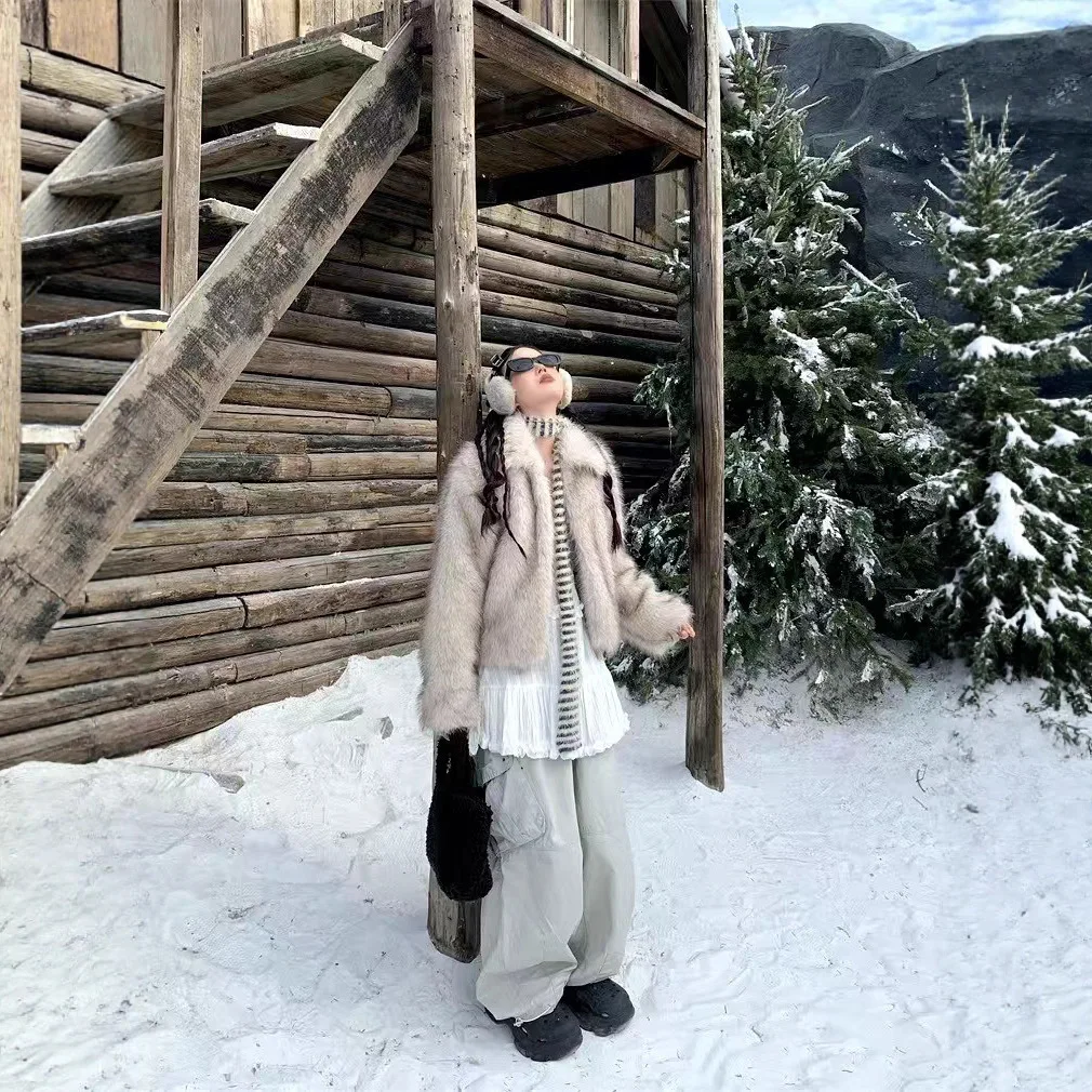 KIDCRKJ Women Winter Mink Fur Coat Beige Lapel Collar Short Lady's Imitation Fur Jacket Stylish Faux Fur Outwear For Female