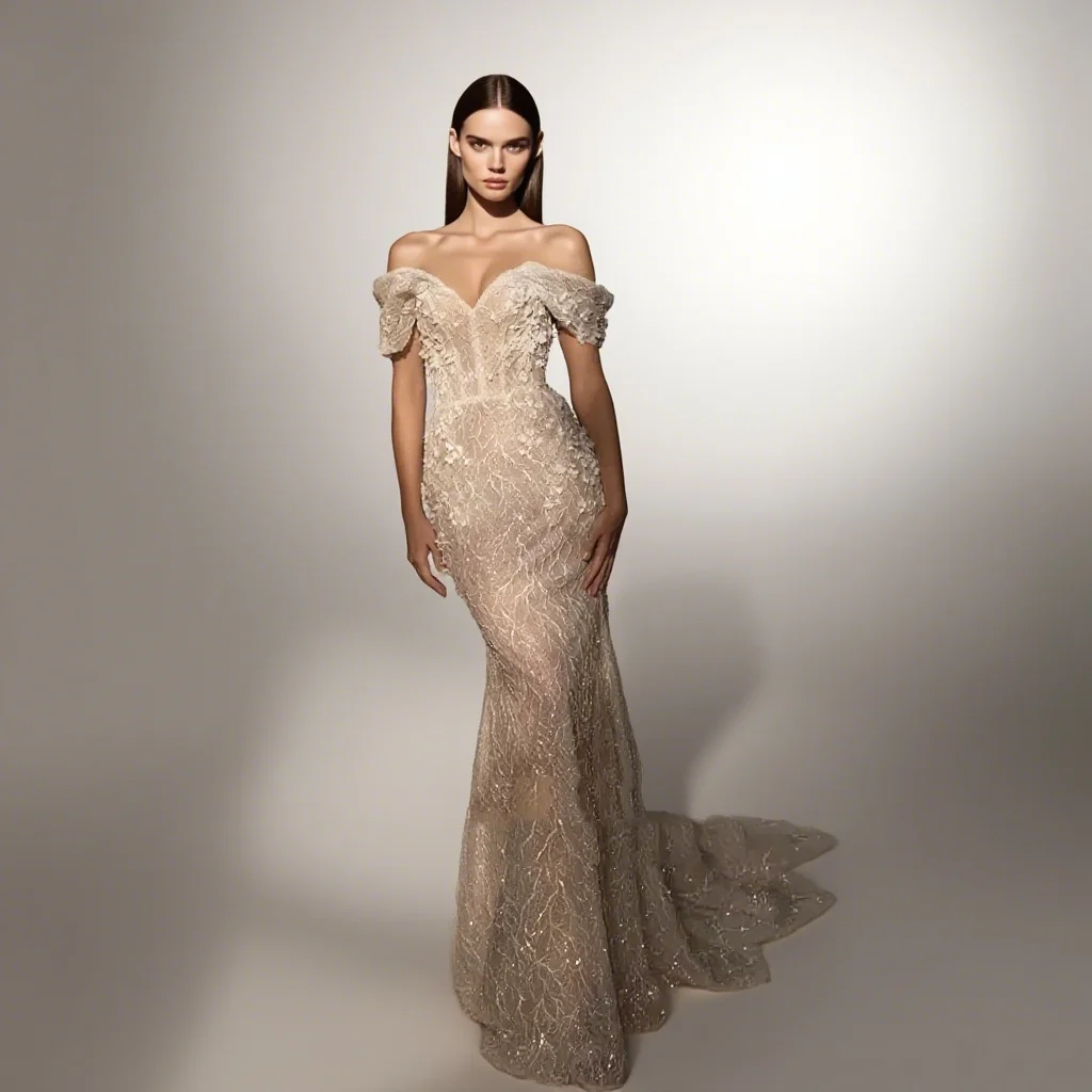 فساتين زفاف العروس قبالة الكتف حورية البحر قطار للانفصال فساتين زفاف العروس فساتين الزفاف حسب الطلب