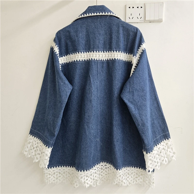 Multi-Pocket Lace Patchwork Contrast Color Casual Women Denim Jacket Loose Lapel Single-Breasted Long Sleeve Cowboy Outerwear