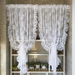 French Butterfly Flowers Lace Curtain White Ruffled Princess Style Tulle Sheer Curtain for Living Room Bedroom Half Door Curtain
