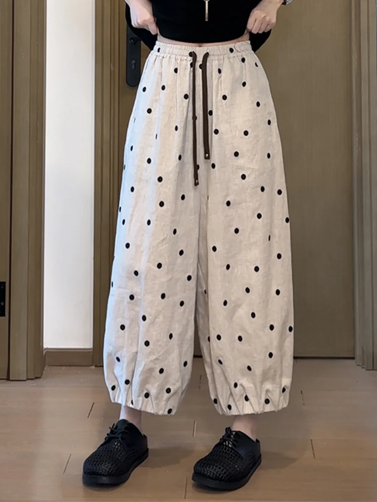 

Новые летние женские повседневные брюки в корейском стиле больших размеров, льняные, в крупный горошек, широкие, укороченные, универсальные, для фигуры типа «груша»