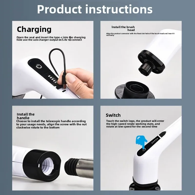 فرشاة تنظيف كهربائية لاسلكية متعددة الوظائف منزلية ذات مقبض طويل، فرشاة أوتوماتيكية عالية الطاقة لأرضية الحمام والمرحاض