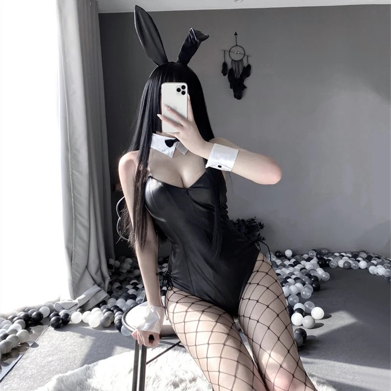 Traje de lencería Sexy para mujer, traje de juego de rol de conejo, conjunto de cuero negro, uniforme exótico de Cosplay