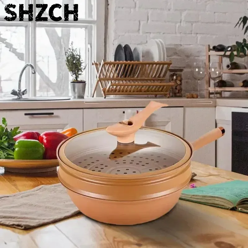 Iron Wok With Lid Frying Wok Energy-Concentrating Pot Bottom Steaming And Cooking All In 1 Induction Cookware Non-Stick Frying