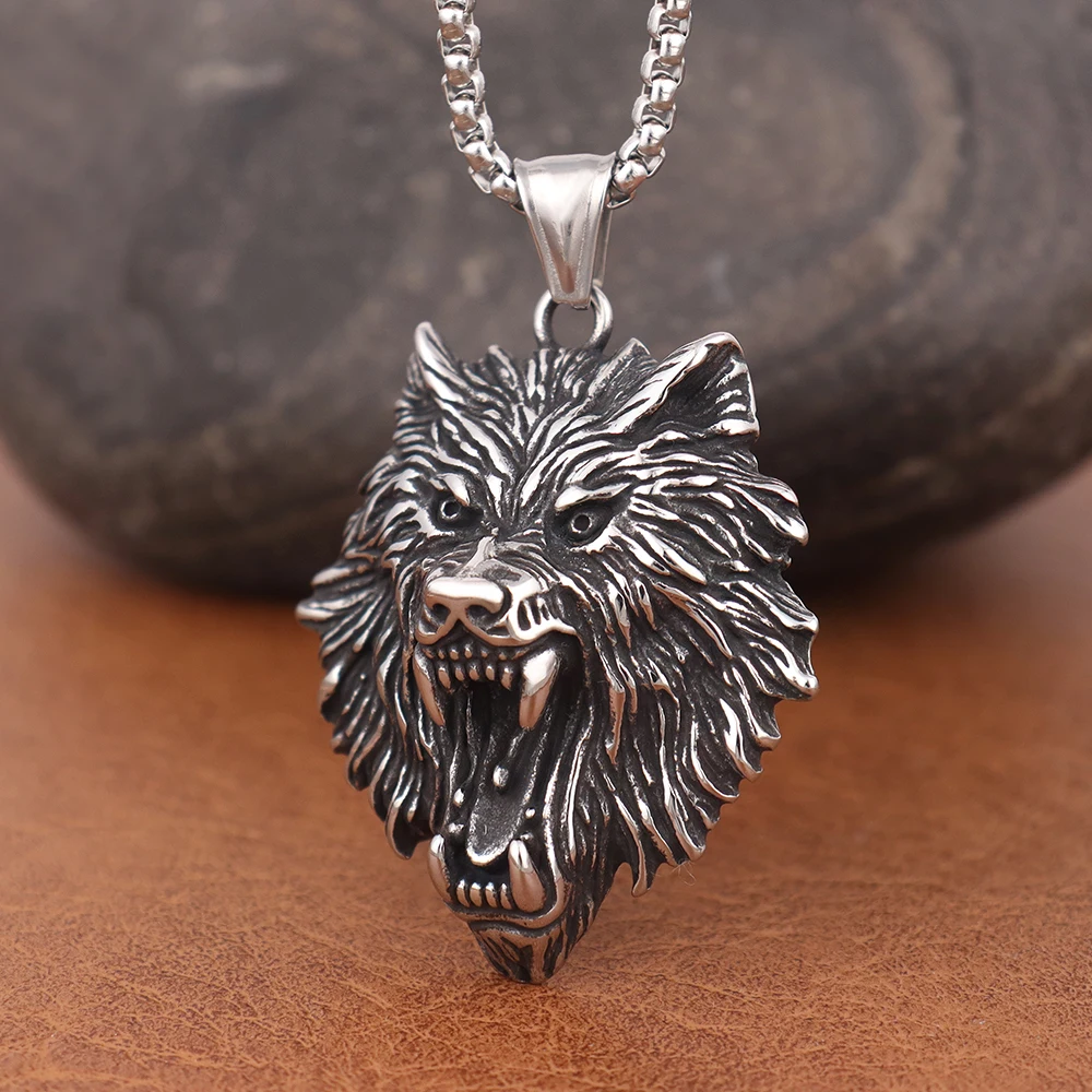 Viking Wolf Head Pendant para homens, colar animal de aço inoxidável 316L Punk Rock, acessórios de jóias da moda, moda, atacado
